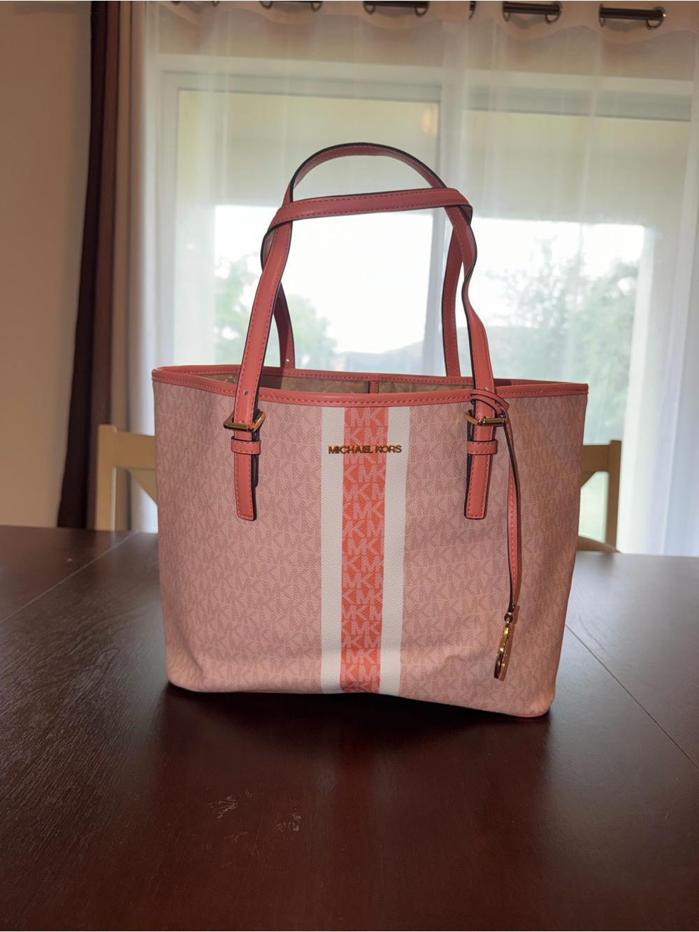 MICHAEL KORS Pink and Coral Stripe Logo Tote